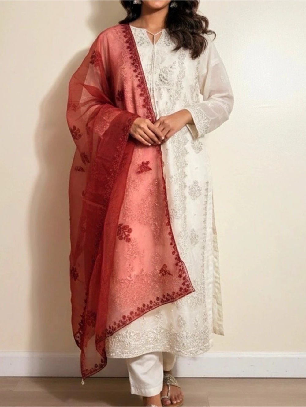 Embroidered Kurta Set in White & Red